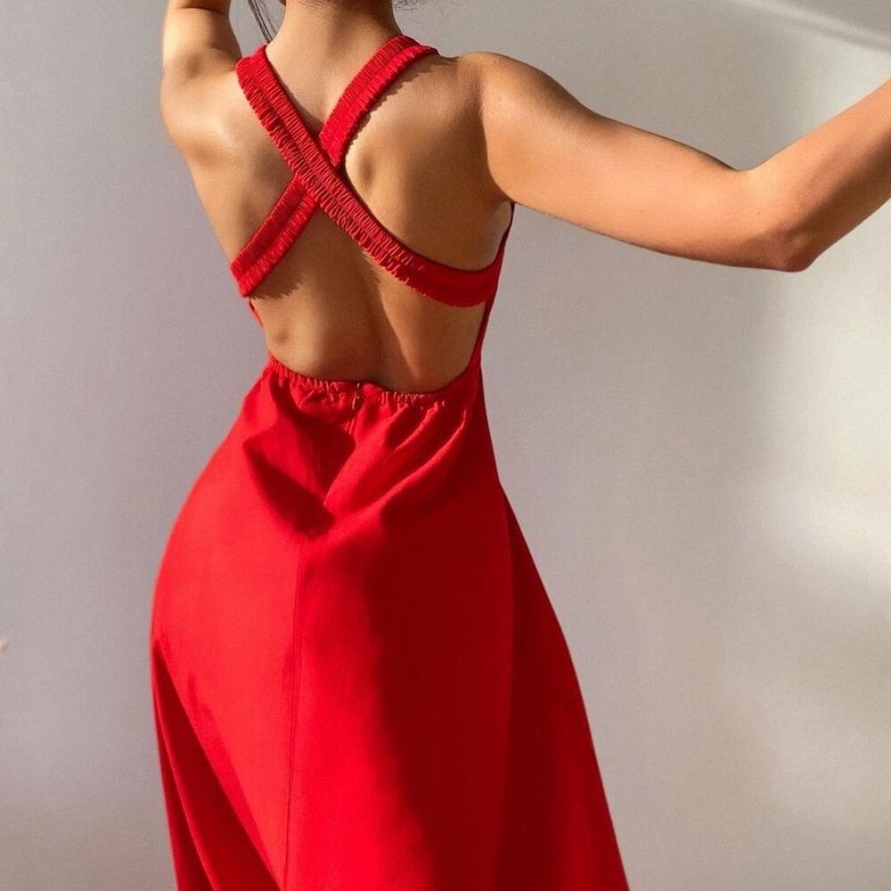 Zara Red Linen Blend Voluminous Strappy Halter Dress. Blogger fave!🔥 - Picture 3 of 13